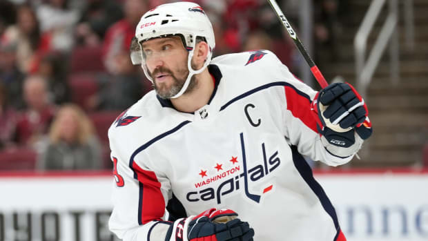 Capitals forward Alex Ovechkin skates during a clock stoppage.